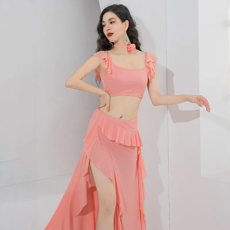 Gauze Oriental Dance Costume With Floral Chocker Women Summer Belly Dance Practice Clothes Short Sleeve Sexy Side Split Skirt L