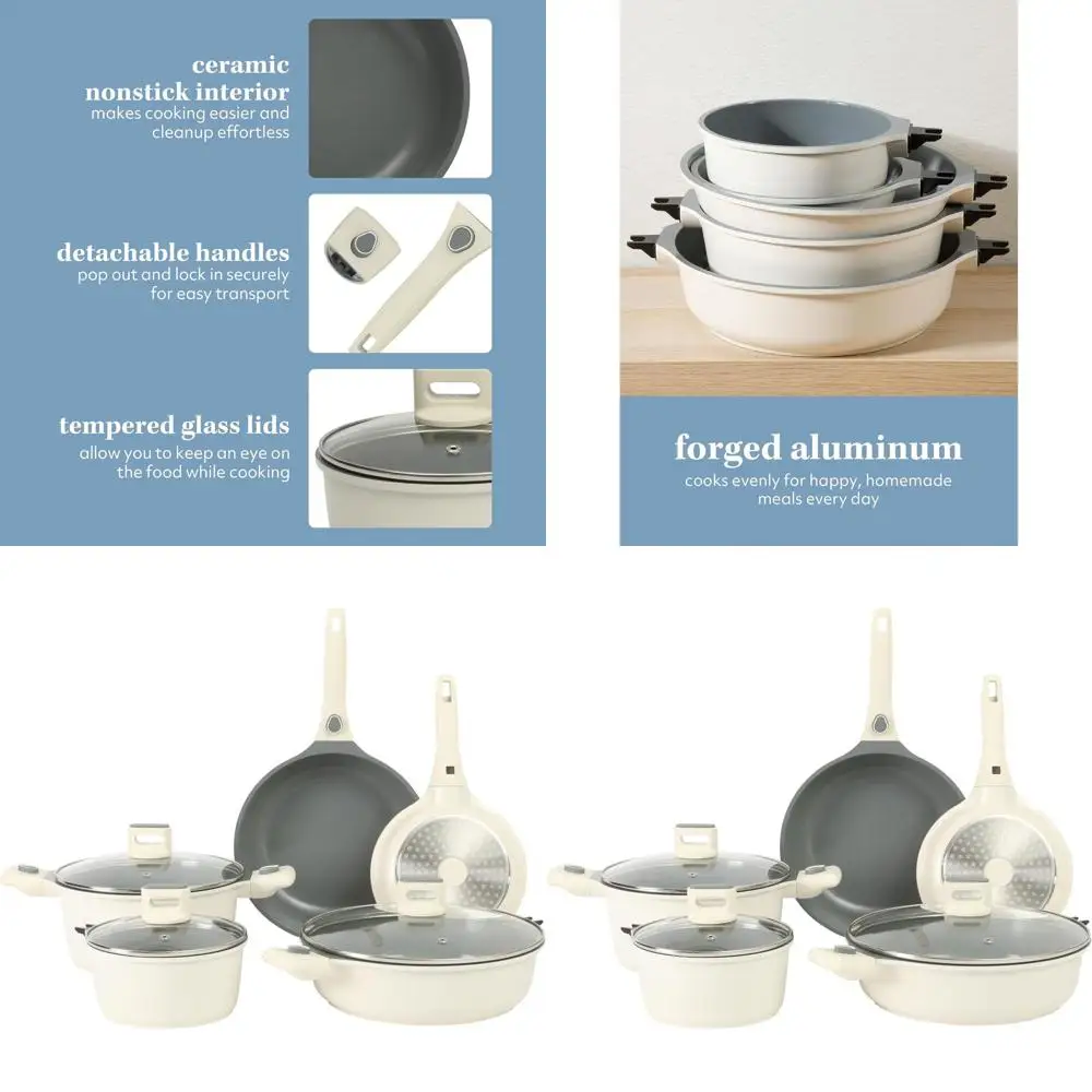 

13-Piece Detachable Handle Cookware Set: Premium Ceramic Non-Stick, PFA-Free, Induction Safe, Eggshell White