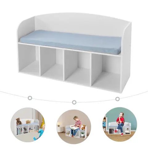 White Rectangular Storage Bench with Book Rack,PVC Bookshelf with Soft Cushion 102*29*58.5cm for Bedrooms,Classrooms