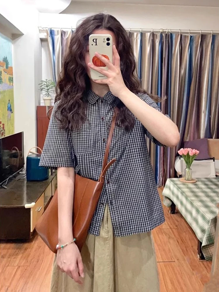 

Retro Bla White Plaid ort Sve irt Women Summer Korean College Sle Sweet Ele Top Collar Blouse Korean Sle