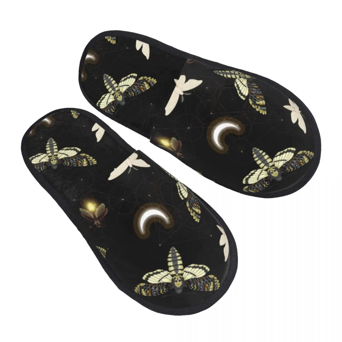 Winter Women Men Non-Slip Flat Slippers Death Head Moth Indoor Fur Soft Warm Shoes
