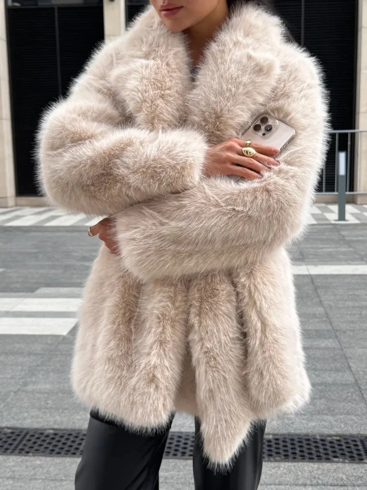 Lapels Faux Fur Coat Women 2025 Winter Design Fluffy Fox Furs Jacket Luxury Furry Overcoats Girl Stylish Mid-Length Outerwear