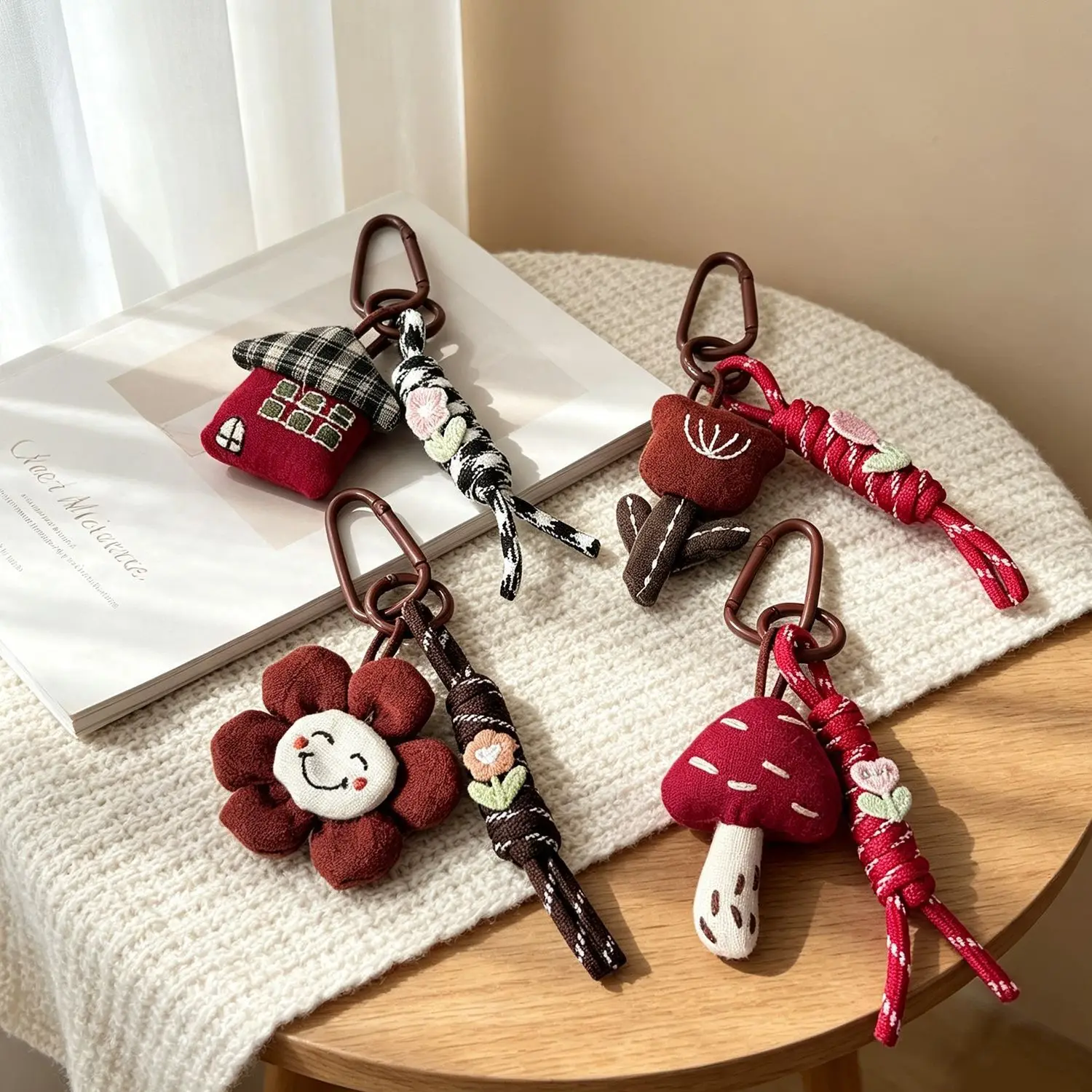 Flower Mushroom Pendant Plush Caramel Brown Premium Keychain Charm for Bag Vehicle Phone Adorable Cute Durable Portable