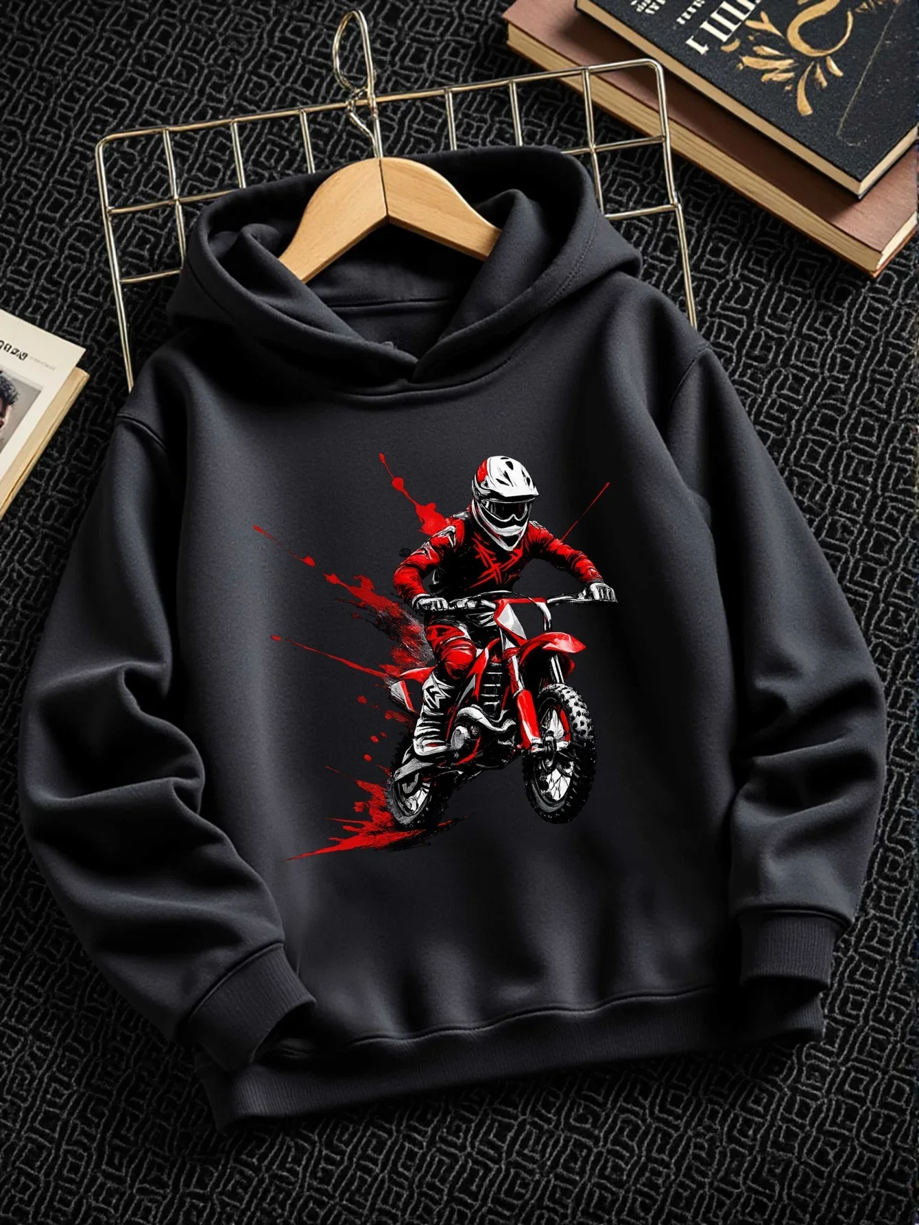 Kids Boys Dirt Bike Racing Graphic Hoodie Grey Printed Biker Sweatshirt School Clothes Birthday Present Autumn Winter Tops