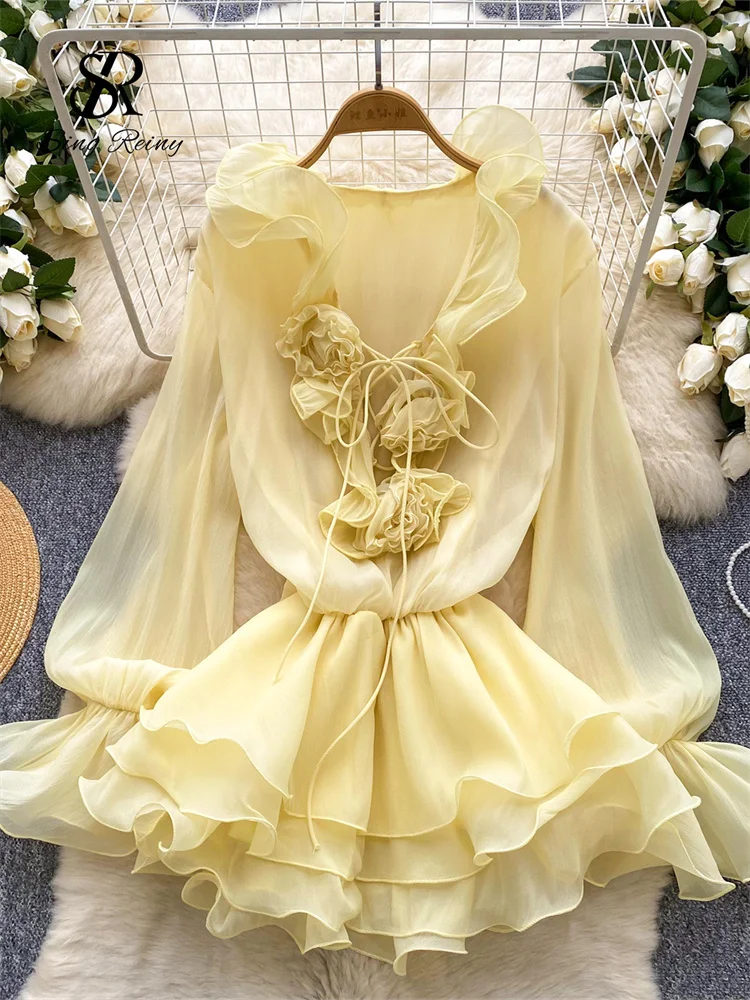 sexy dress ruffle bohemian New Women's Elegant Sexy Lace Patchwork Ruffle Hem Printed Dress, Bohemian Resort Beach Dress, Summer