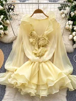 SINGREINY 3D Floral Beach Short Dress Female Long Sleeves Lace Up Ruffle Chiffon Cake Sundress Sheer Sexy Vintage Bohemian Dress - Image 3