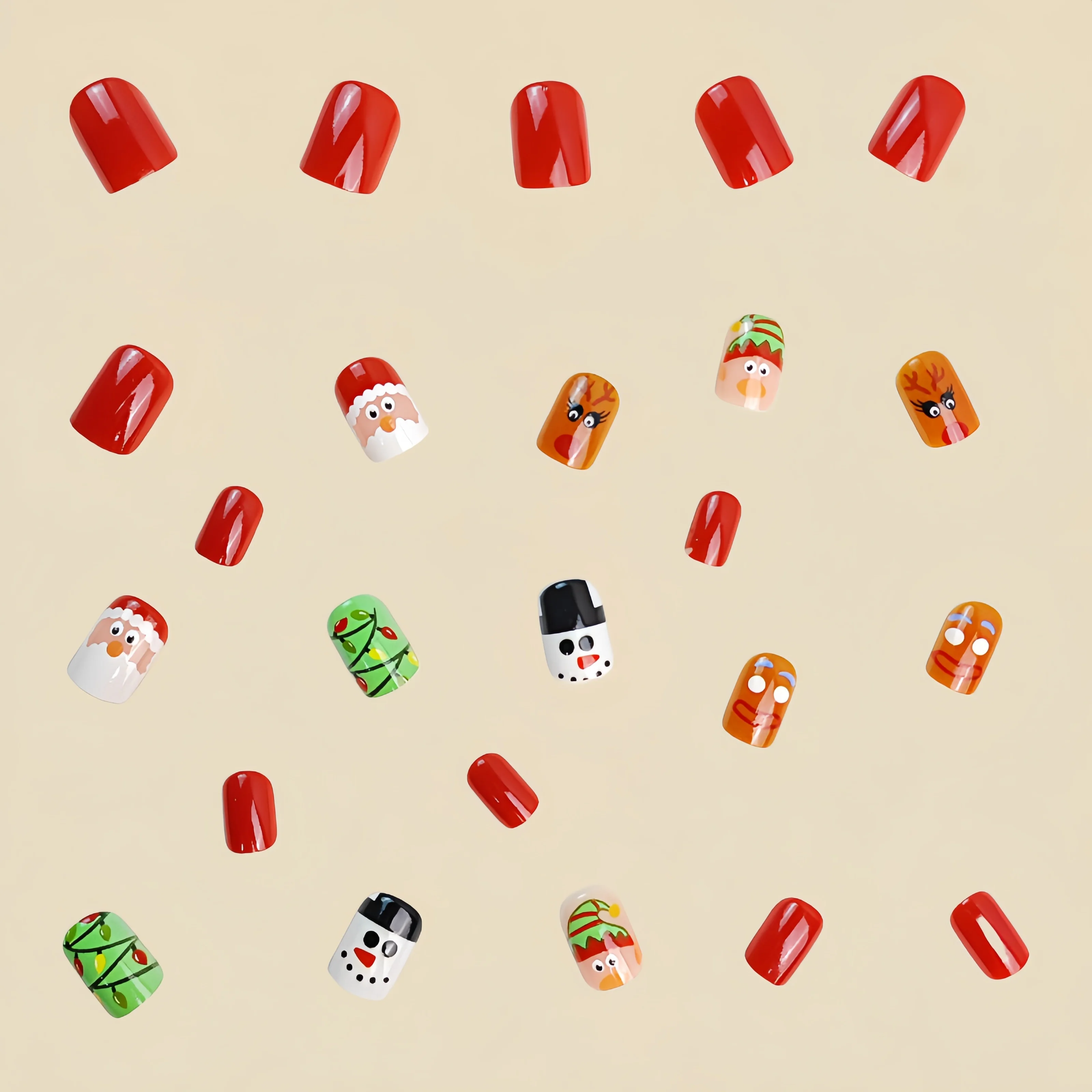 24pcs Christmas Ballet Square Short Nail Christmas Elf Snowman Reindeer Pattern Removable Fake Nail Stickers  Christmas Nail Set