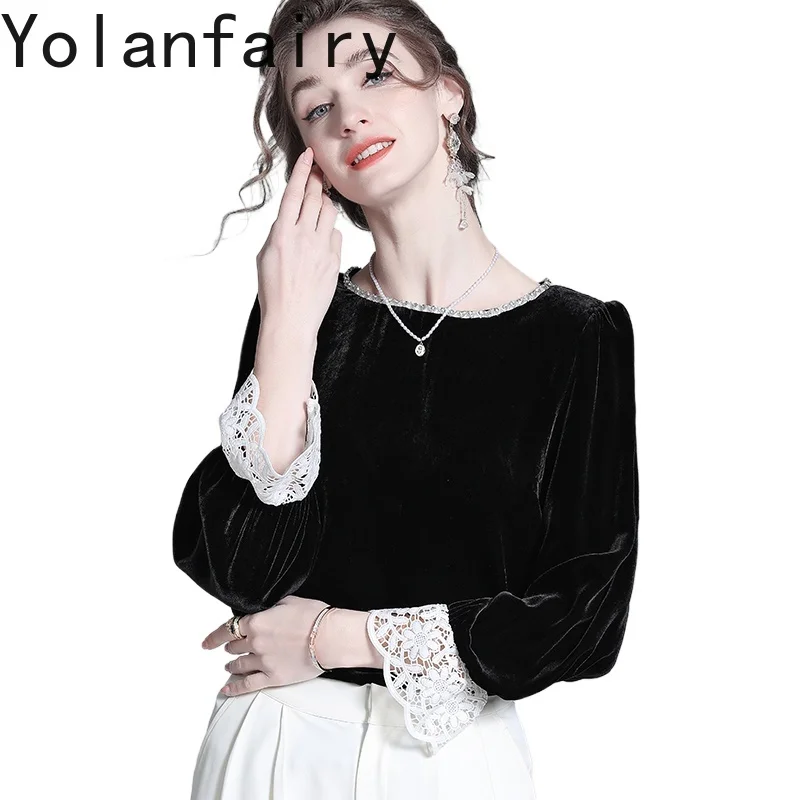 

YOLANFAIRY High-end Real Silk Velvet Blouse for Woman French Elegant Lace Splicing Ladies Tops and Blouses Long Sleeve Shirts
