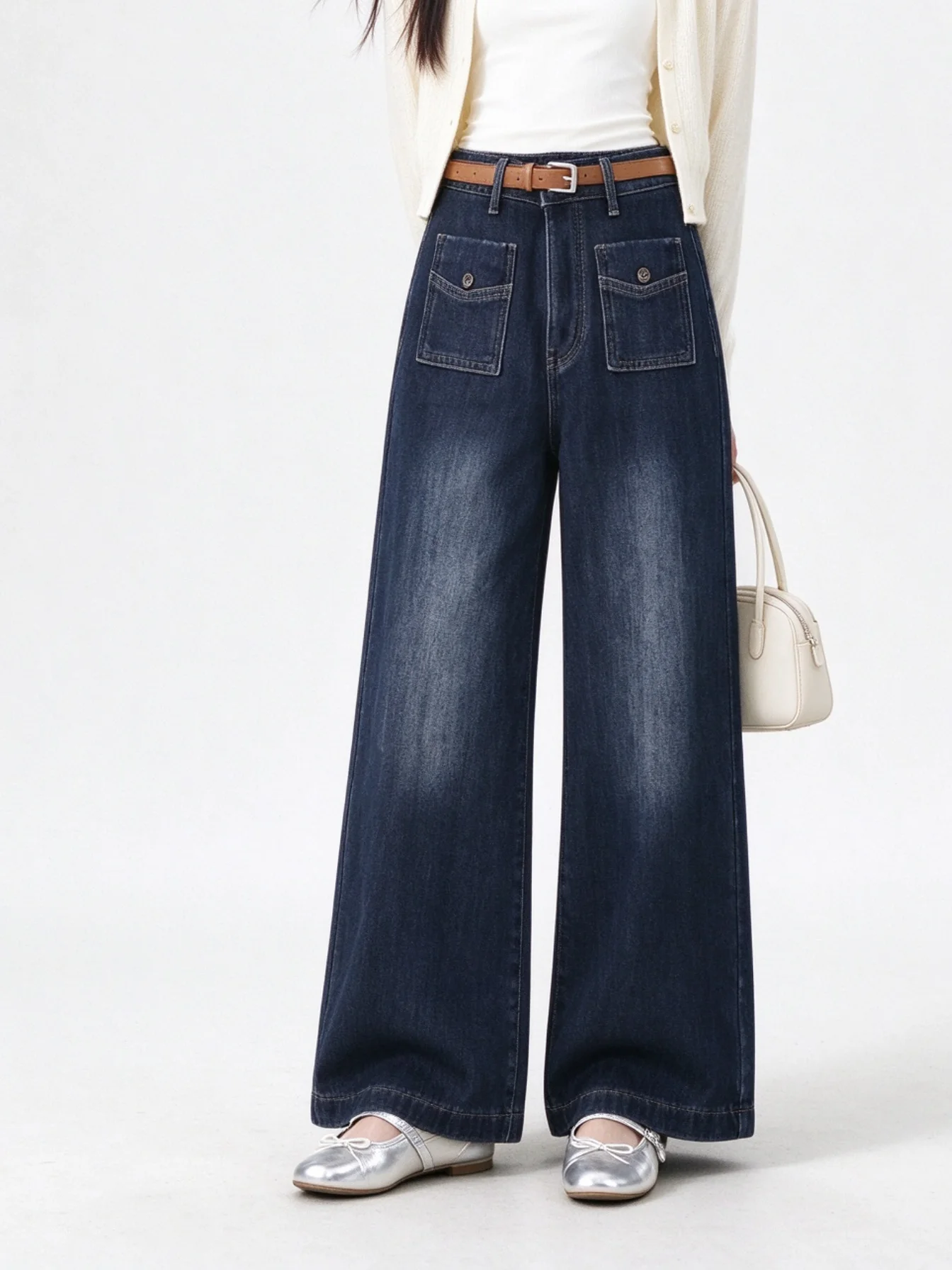 High Waist Fleece Lined Wide Leg Denim Pants Draping Skin Friendly Slimming Long Trousers Korean Style Winter Jeans Ladies