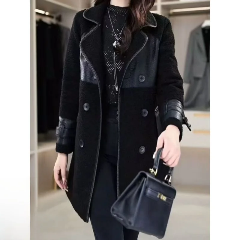 

Haining Women's Faux Fur Leather Jacket Thickened Winter Coat Elegant Slimming Mid-Length Autumn Winter New Style PU Material