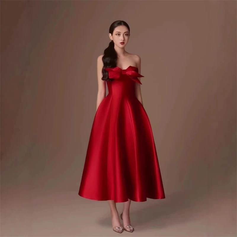 فستان ستان بحزام على شكل فيونكة ثلاثي الأبعاد بدون أكمام عند الصدر وسحاب عالي الخصر أنيق لحفلات الزفاف والسهرات للنساء