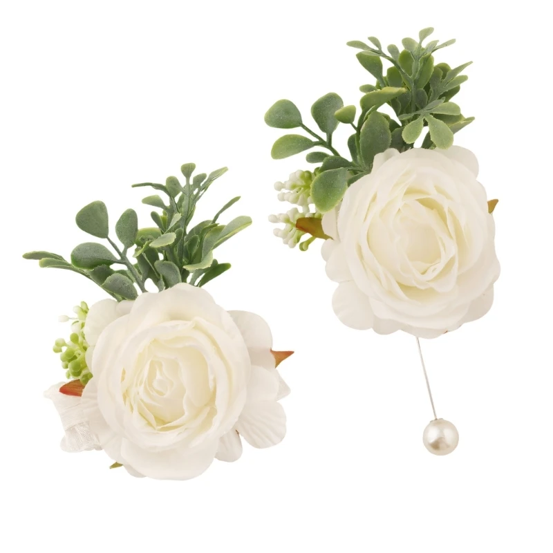 HX6F Eelgant Pearls Decors Wrist Corsage And Boutonniere Set For Wedding Ceremonies