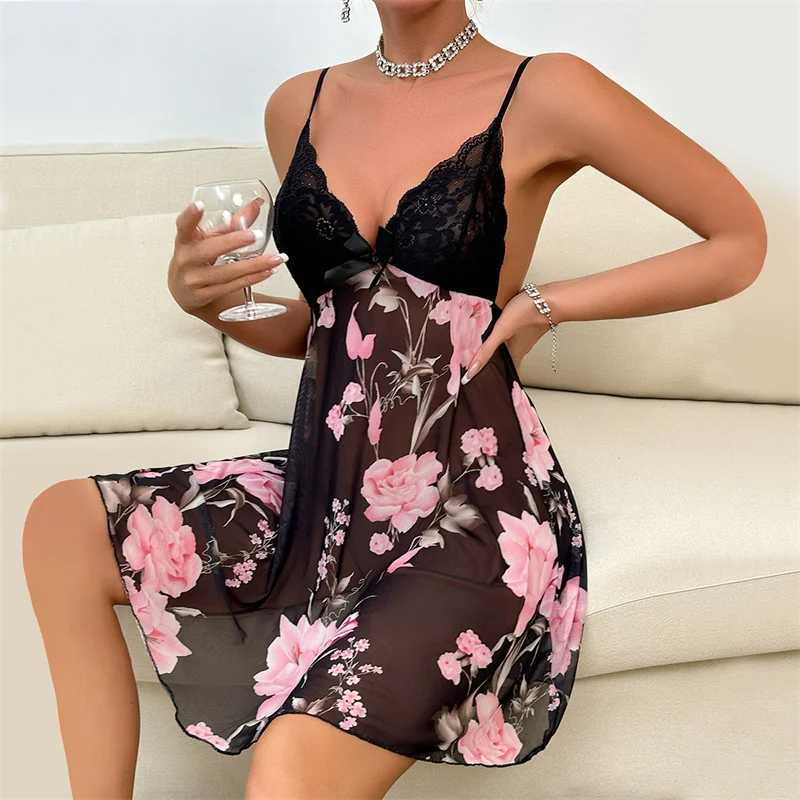 Spring Chiffon Slip Dress V-Neck Floral Printing Sleeping Dress Women Sexy Lace Splice Home Wear Backless Nightdress Baby-doll