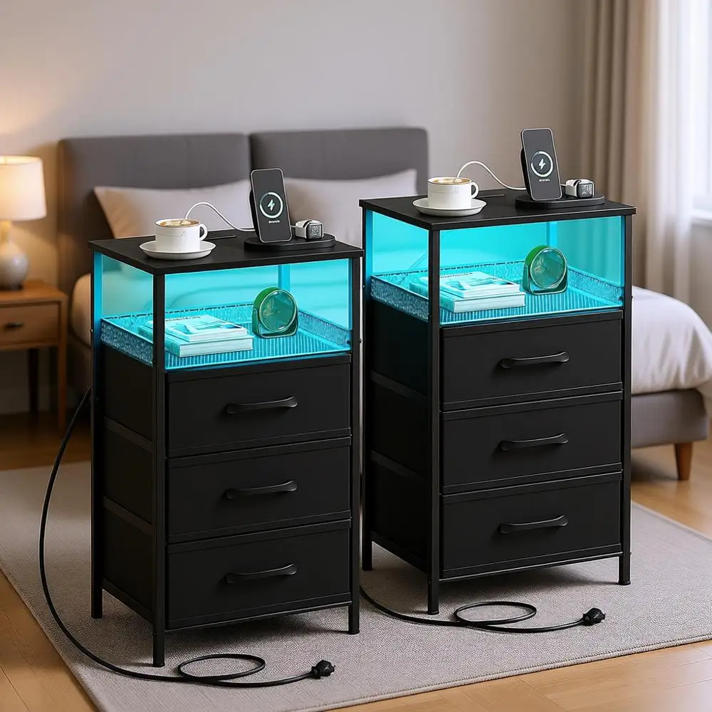 

Черный комплект из 2 прикроватных тумбочек с зарядной станцией, прикроватные тумбочки с LED-подсветкой, столик с розеткой и USB, приставной столик с открытой полкой для спальни