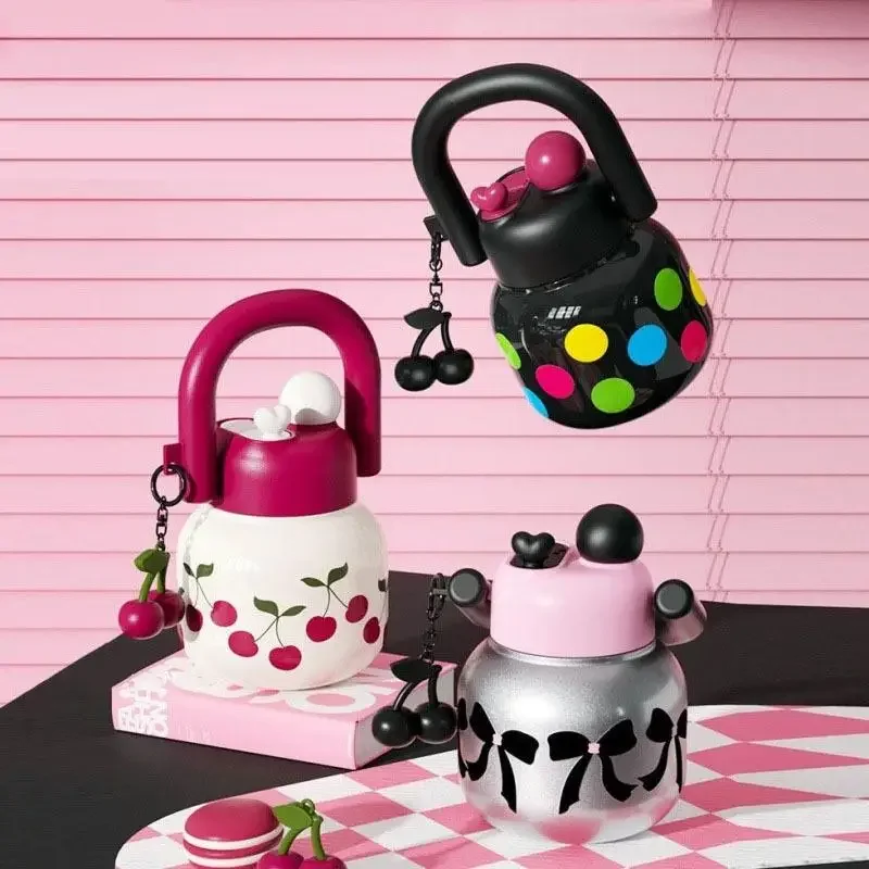 Cute Dual‑lid Water Bottle Large Carry Handle Portable Plastic DrinkingCupPattern Girls School Travel Water Jug with Chain Charm