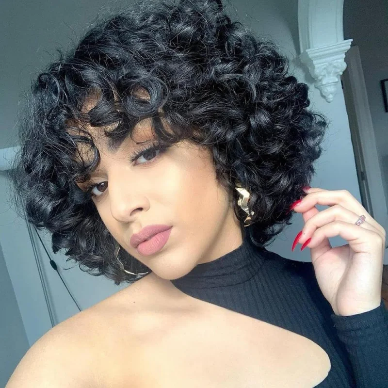 

Short Curly Wigs With Bangs for Black Women Synthetic Hair Afro Natural Curly Wig Bob Wig Pixie Cut Wig For Daily Use