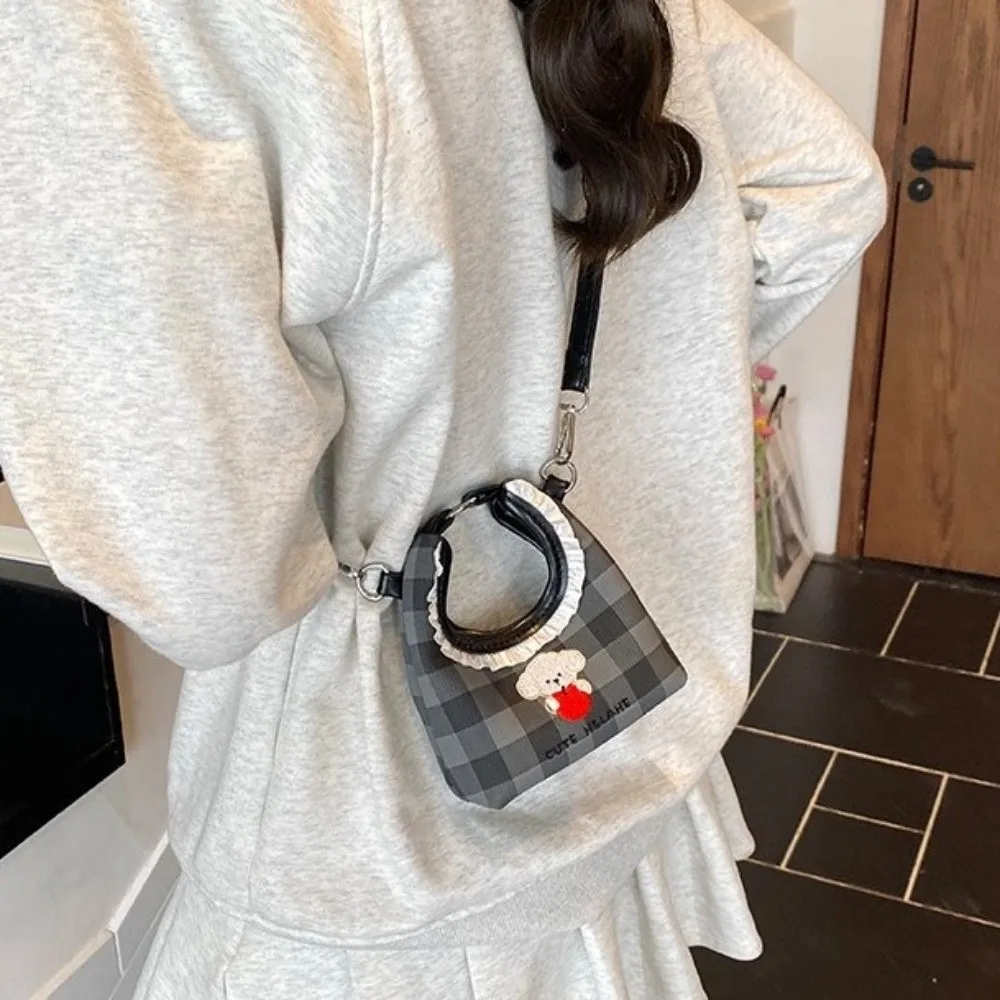 

Fashion Embroidery Dog Shoulder Bag Cartoon Grid PU Crossbody Bag Korean Style Solid Color Crescent Handbags Outdoor