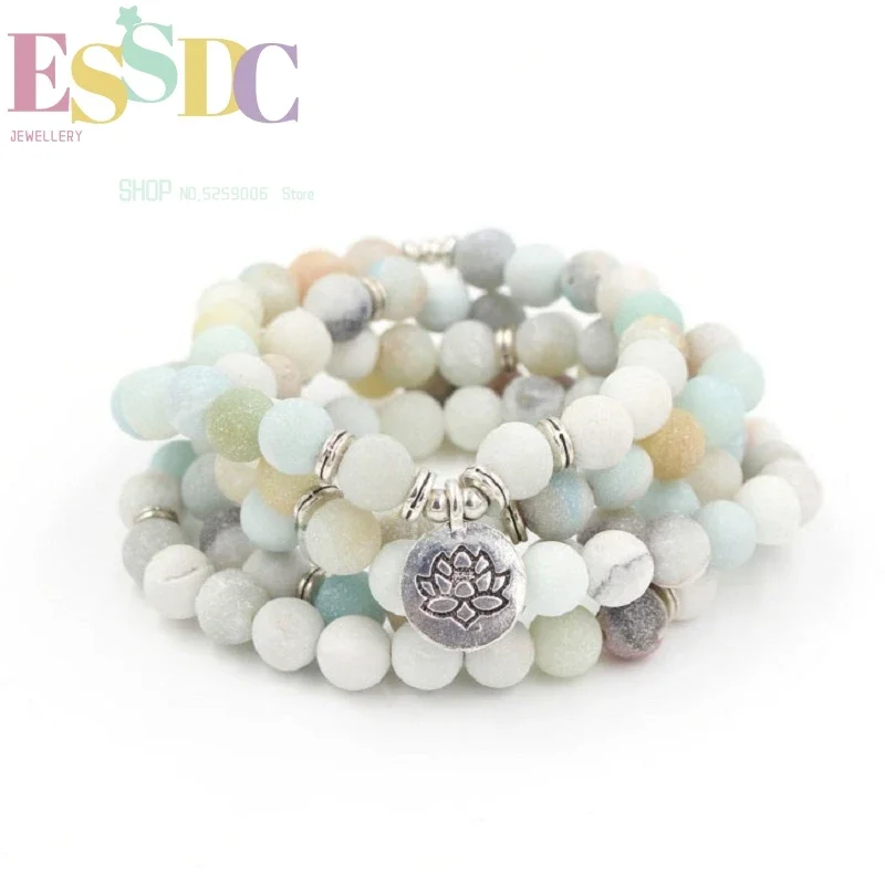 

New Design Summer Women Jewelry Natural Matte Amazonite 108 Mala Beads or Necklace Lotus Charm Pendant Yoga Bracelet