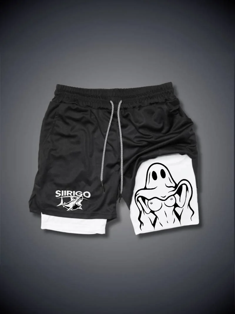 Shorts duplo Impresso Fantasma Safado masculino, Gráfica Peito Sexy, Moda Fitness, Verão, 3D