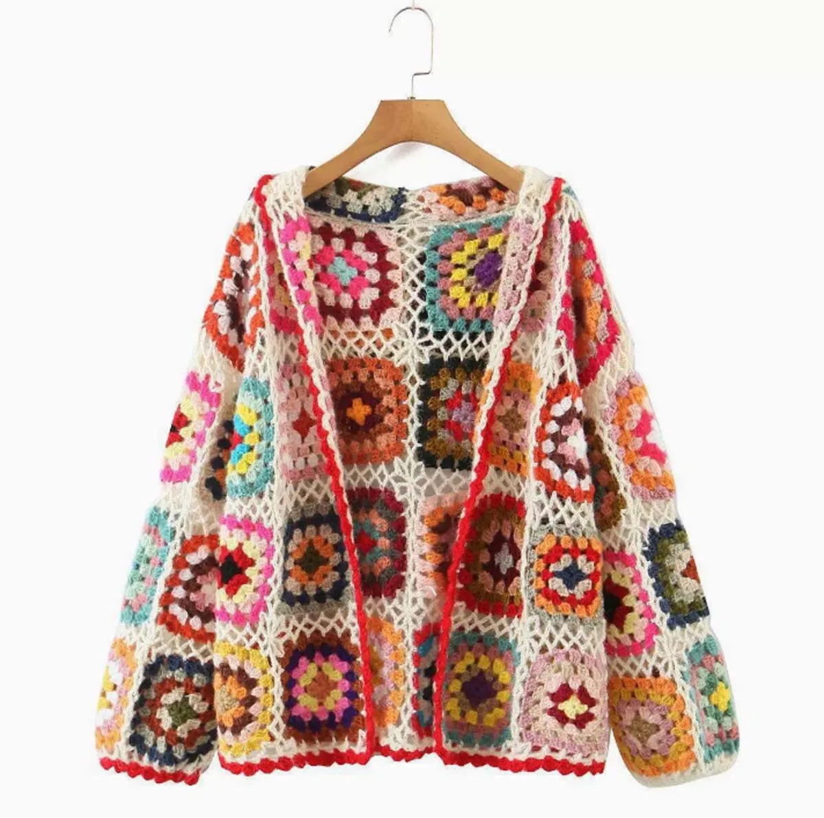 New Autumn Women Handmade Crochet Knit Hooded Cardigan Vintage Multicolor Long Sleeve Female Boho Knit SweaterNew Autumn Women H