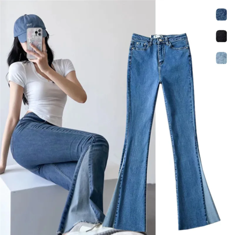 

Джинсы-колокольчики с высокой талией, облегающие джинсы в стиле ретро, Гонконгские эластичные потертые шикарные длинные брюки, женские осенние модные глубокие цвета