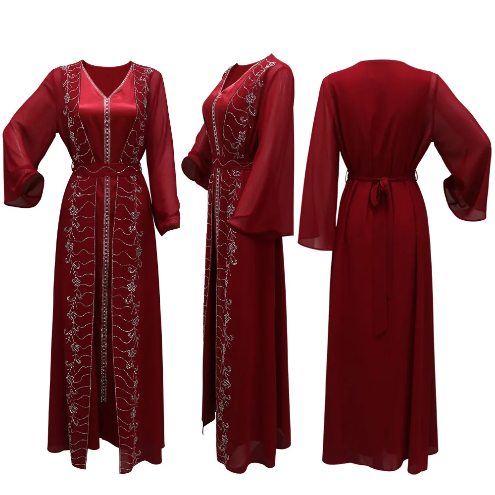 

Роскошные шифоновые абайи с бриллиантами для женщин, одинаковый комплект мусульманской одежды, исламская одежда, марокаин-кафтан, Дубай, Турция, кимоно Джалабия