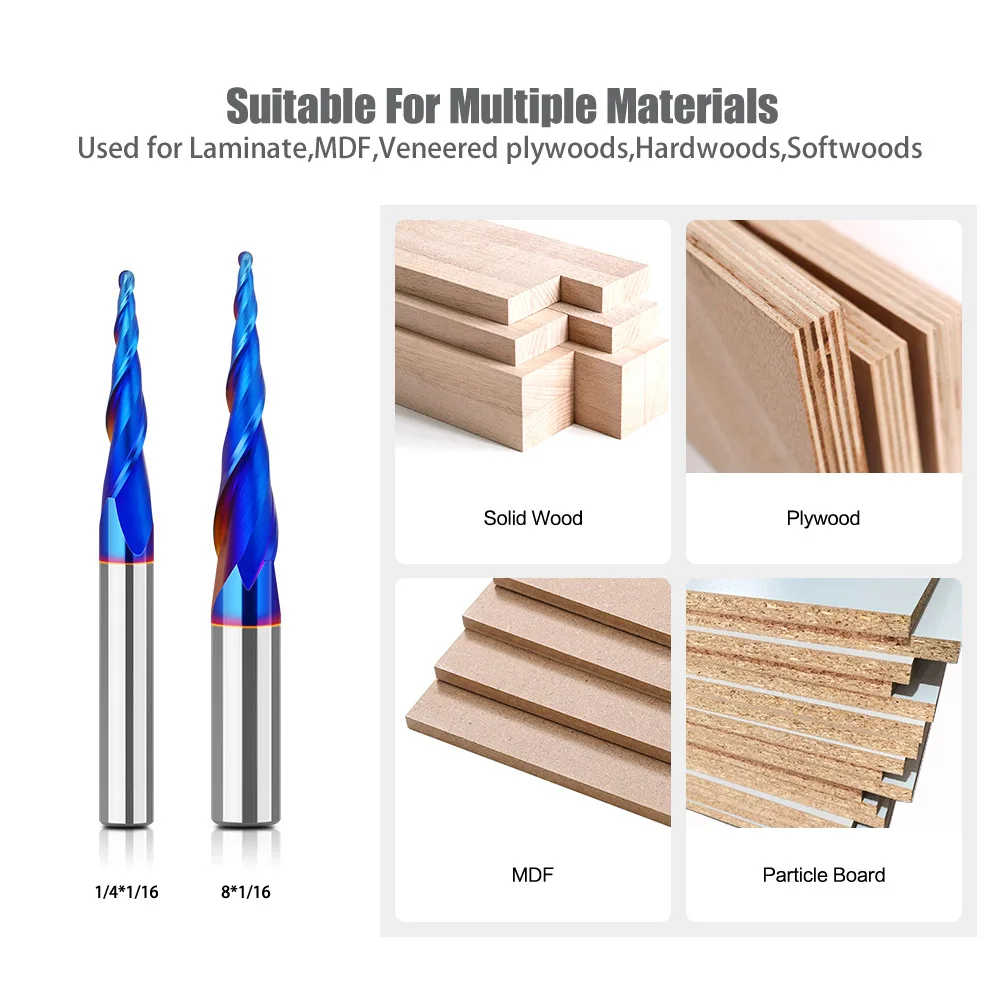 1/4"Shank 8mm Shank Taper 1PC Tungsten Steel Drill Bit Nano Blue Coated Cutter Carbide Router Bit CNC End Milling Bit