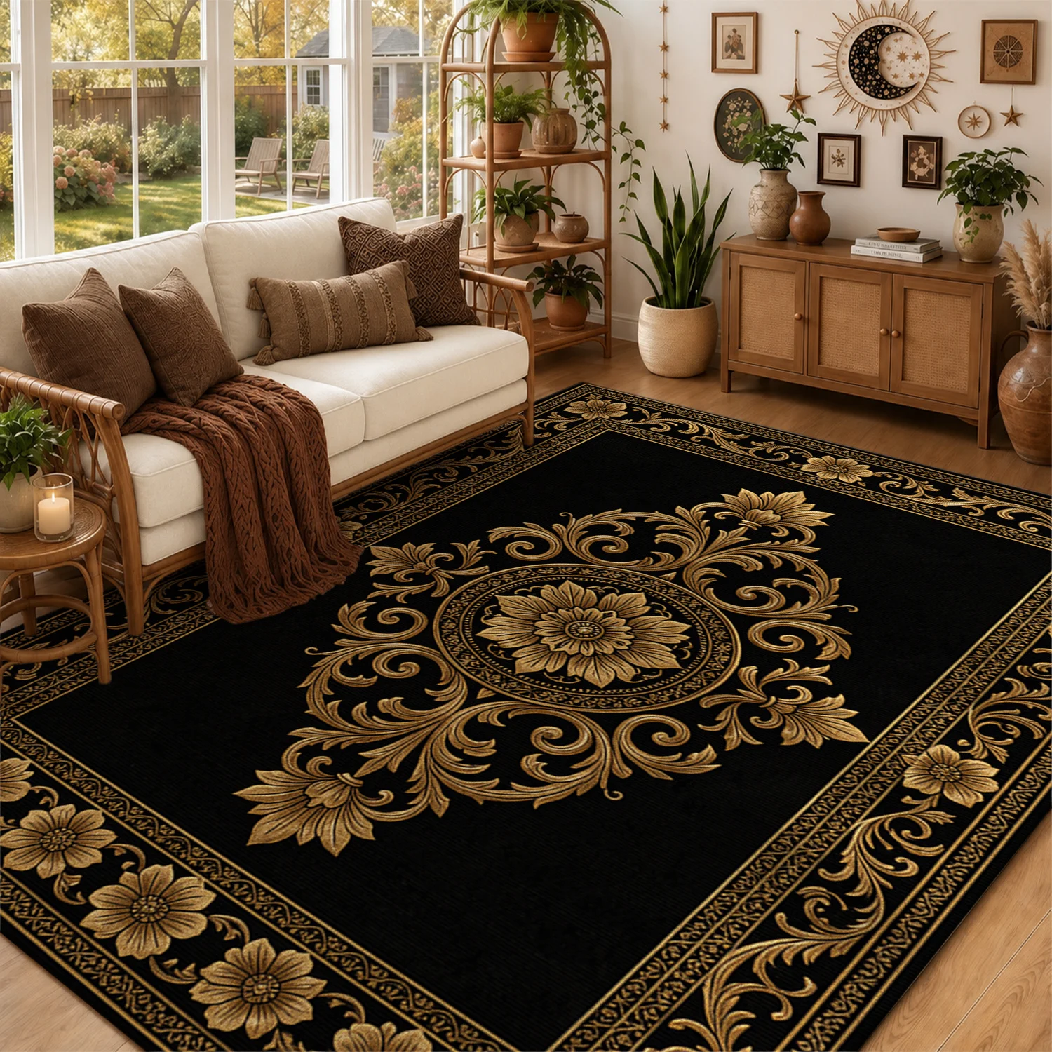 Ornate Golden Baroque Floral Pattern Area Rug Velvet Material Machine Washable Suitable for Living Room Dining Room Bedroom Ideal for Halloween Thanksgiving Christmas New Year Black Friday Cyber Monday Decor