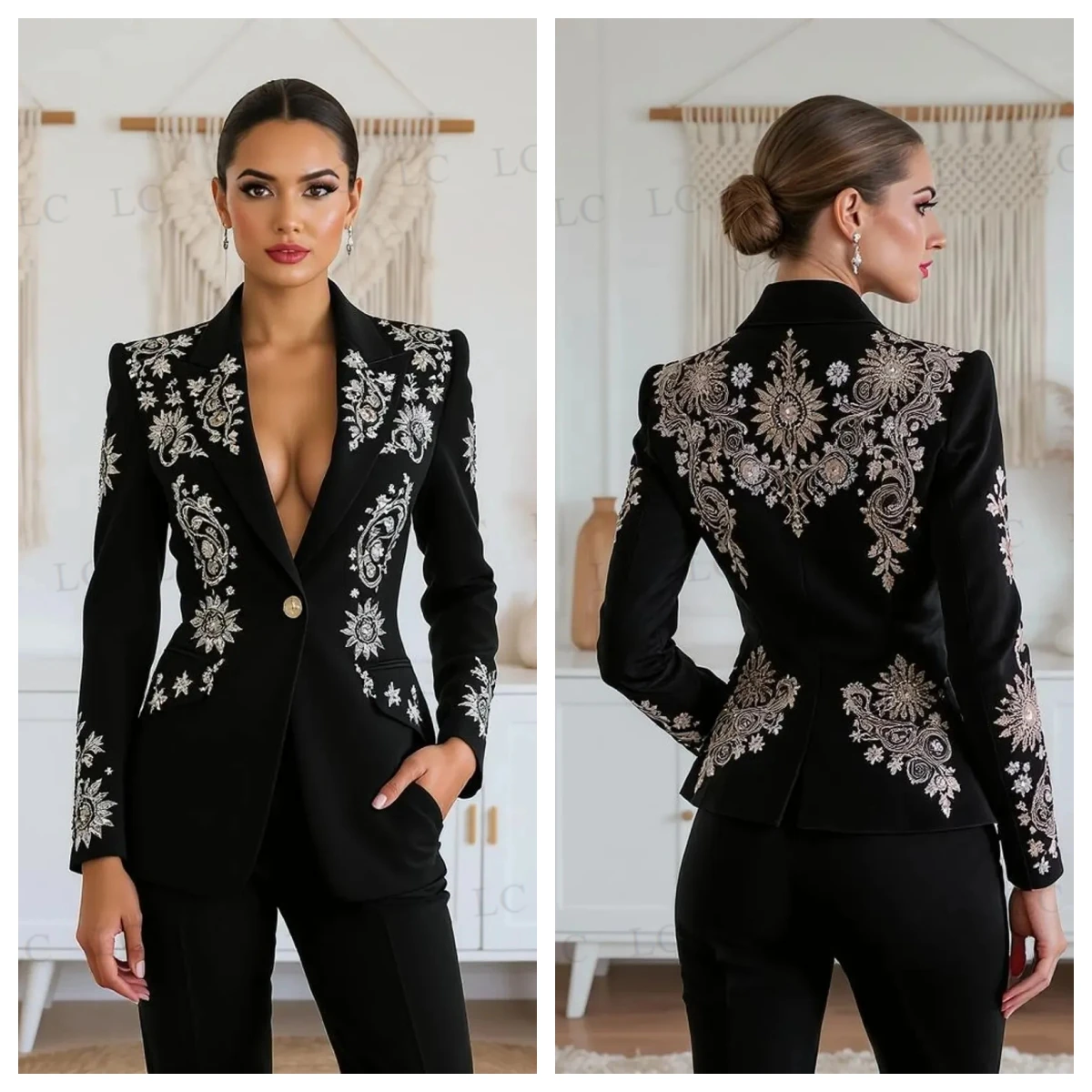 

Сексуальные женские костюмы на одной пуговице, комплект из 2 предметов, блейзер, брюки с v-образным вырезом, аппликации, остроконечный LapeSlim Fit, большие размеры, индивидуальный заказ для матери невесты