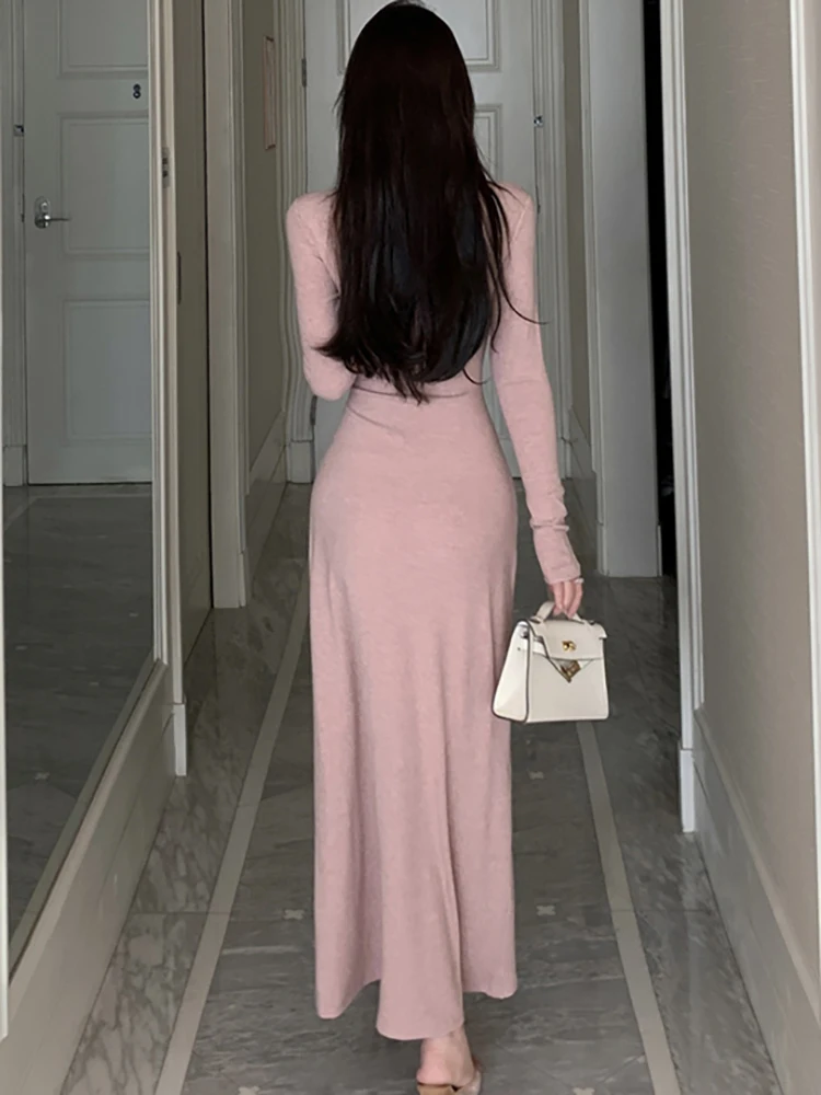 Women Pink Long Sleeve V-Neck Sexy Maxi Dress Autumn Winter Elegant Bandage Bodycon Dress 2024 Korean Fashion Party Night Dress