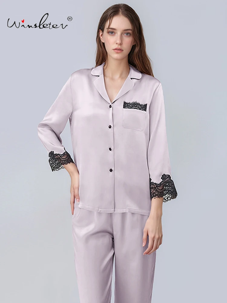 

Winsleter-6A 16MM 100%Real Silk Elegant Women Pajama Set, Long Sleeve Lace Patchwork, French Sweet Homewear, 2025 Fall S59515CC