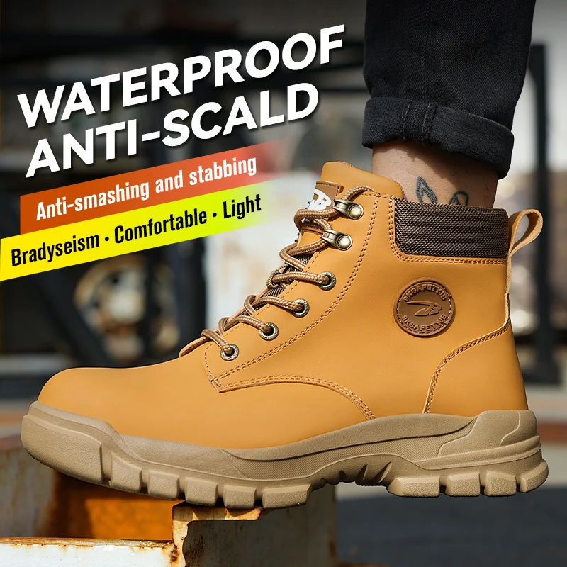 High Top Safety Shoes Pu Leather Waterproof Men Steel Toe Work Shoes Men Anti-puncture Safety Man Indestructible Boots