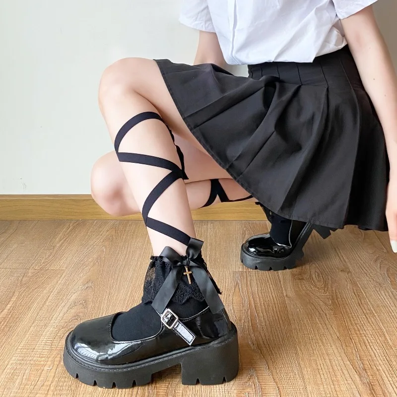 Japonais dentelle bretelles croisées cravate jambe chaussettes Jk femmes coton Sexy bas chaussettes mince femmes moyen Tube chaussettes fête longue chaussette