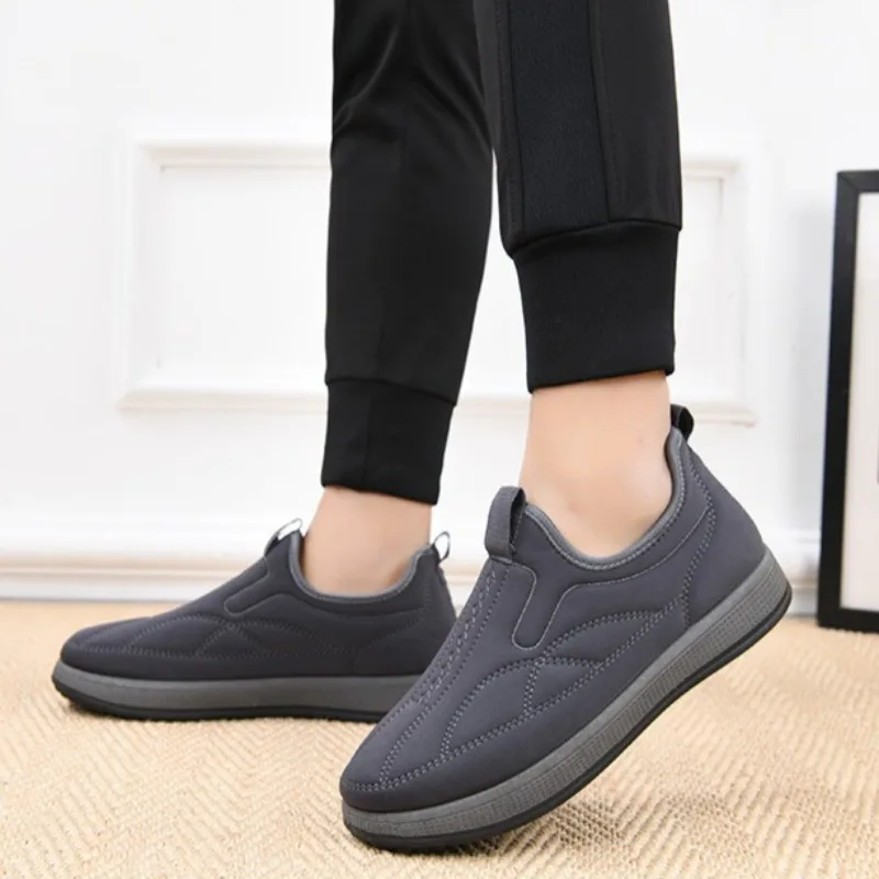 Men Thick Sole Non Slip Casual Shoes Winter Snow Boot Round Toe Slip on Plush Thickened Warm Middle Aged Cotton Shoes for Man