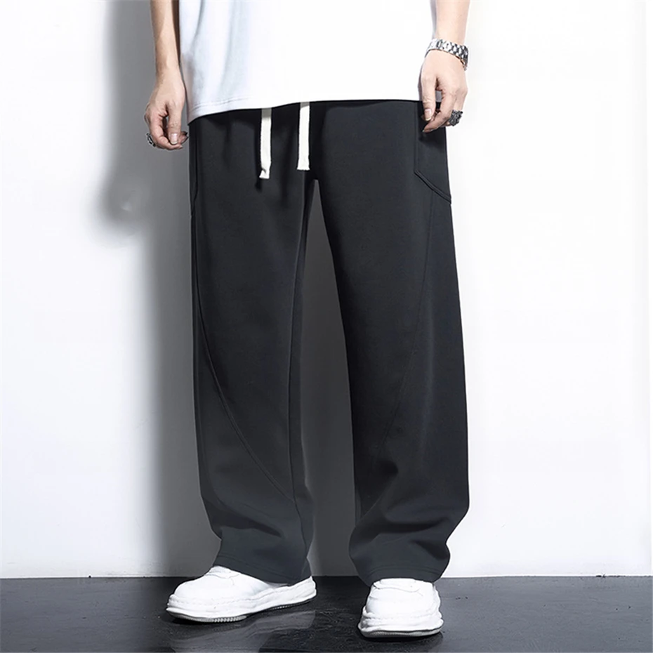 Solid Color Straight Pants Men 7XL Plus Size Pants Male Baggy Pants Elastic Waist Trousers Black