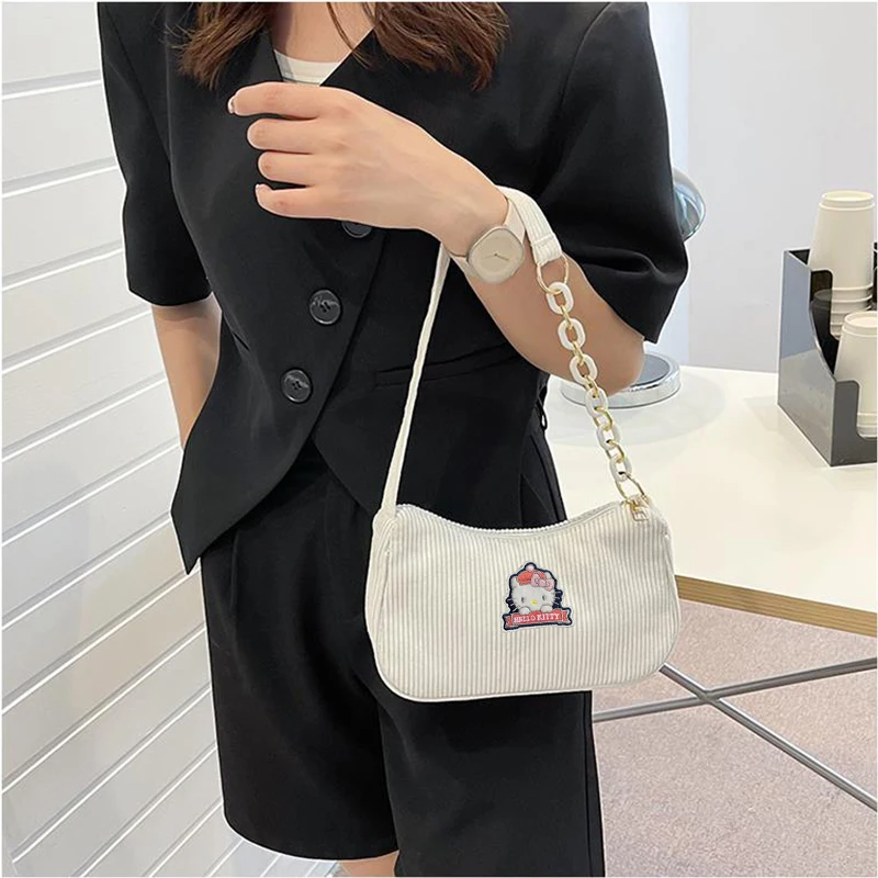 Anime Kuromi Cinnamoroll Handbags Fashion Vintage Women's Plush Bags Sanrioed Hello Kitty Kawaii Corduroy Underarm Bags Casual