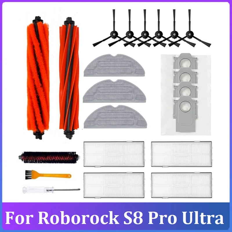 22PCS For Roborock S8 Pro Ultra Robot Vacuum Cleaner Dual Main Brush Side Brush Filter Mop Dust Bag Accessories Kit