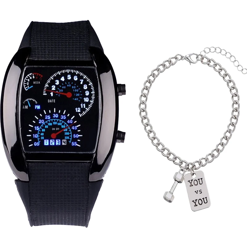 Fashion Men's Sports Wristwatch set Racing Dashboard Dial Design LED Electronic Watch Creative Digital Watch Clock for Male Teen