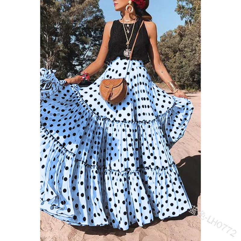 Polka Dots Print Skirt Women 2024 Spring Summer New Fashion Folds Patchwork Multilayer Loose Long Skirts Casual Ladies Clothing