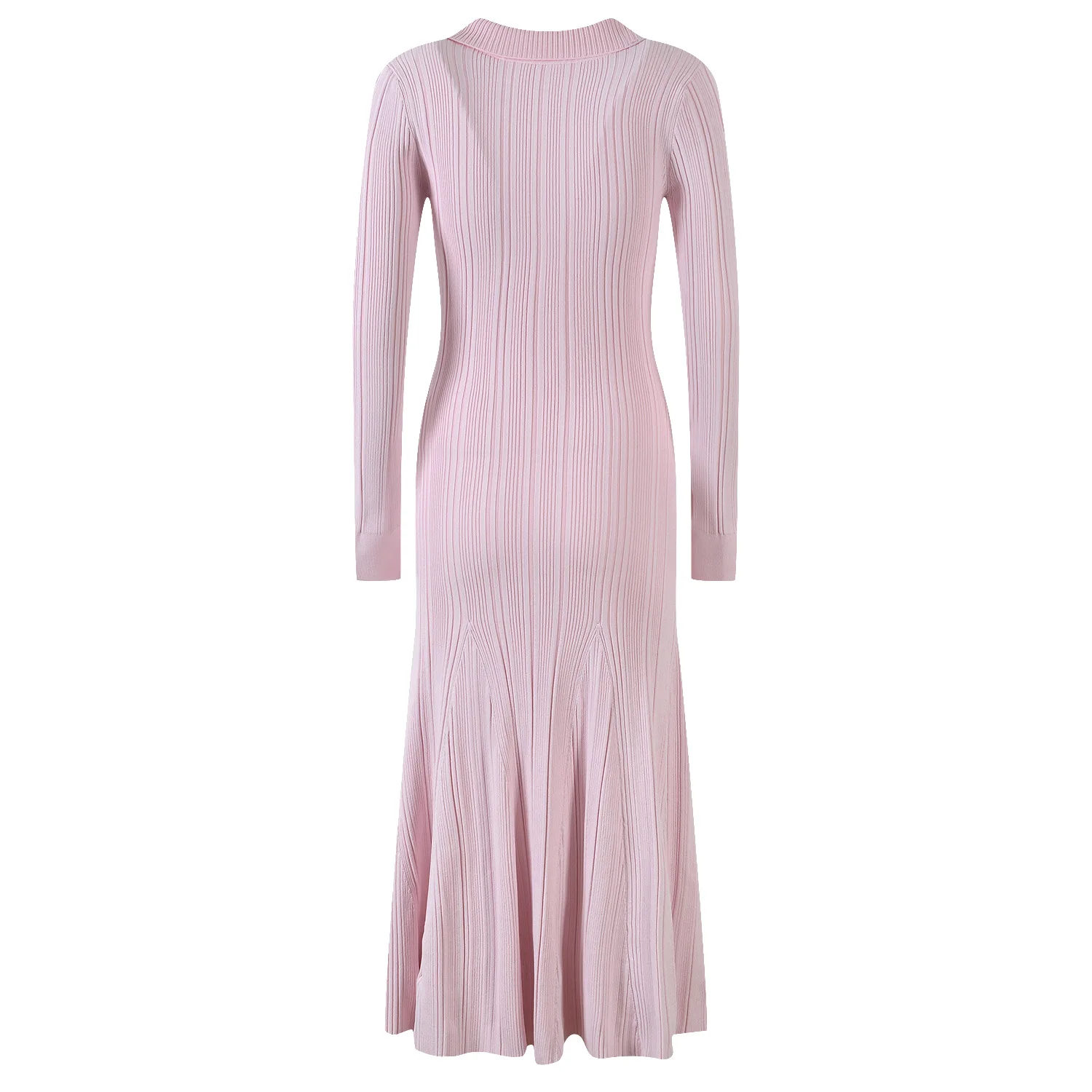 ZJYT Women\'s Long Sleeve Mermaid Knitting Dresses Elegant Autumn Winter Sweaters Turn Down Collar Slim Midi Party Dress Pink