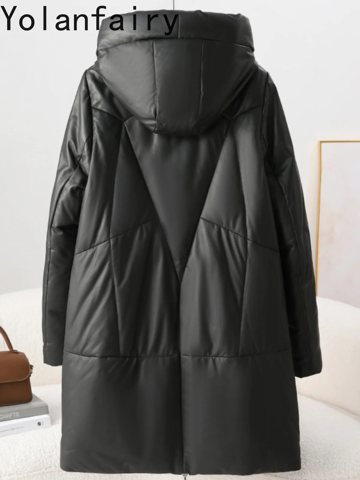 YOLANFAIRY Piumino in vera pelle al 100% Donna Autunno Inverno 2025 Cappotto in pelle di pecora di media lunghezza con cappuccio Caldo piumino allentato