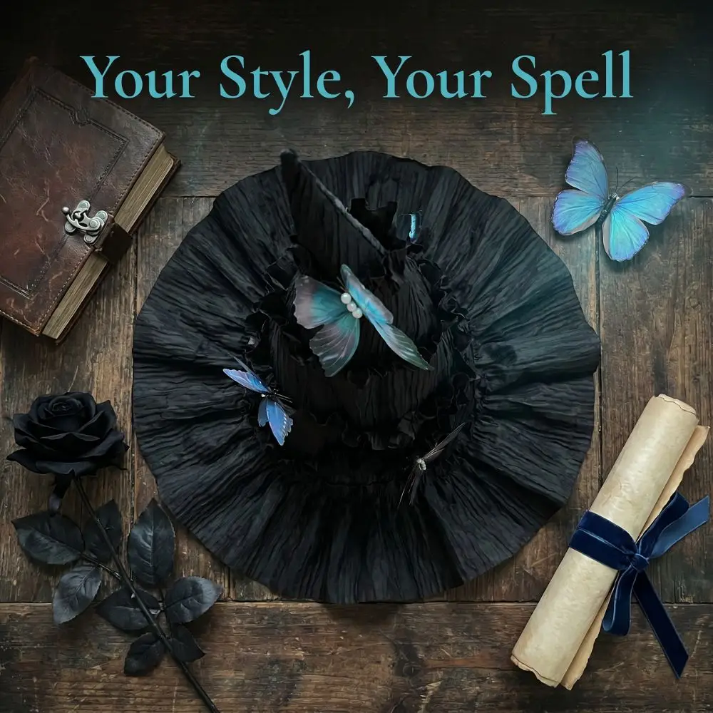 Gothic Halloween Hat Mesh Yarn Butterfly Hair Clips Lolita Witch Hat Tall Pointed Cone Top Removable Ruched Masquerade Cap