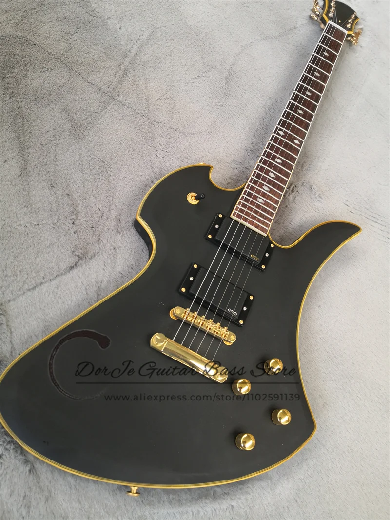 

Matte Black ELectric Guitar Maple Neck Set In Mahogany Body Yellow Binding Fixed Bridge Rosewood Fingerboard Gold Tuners