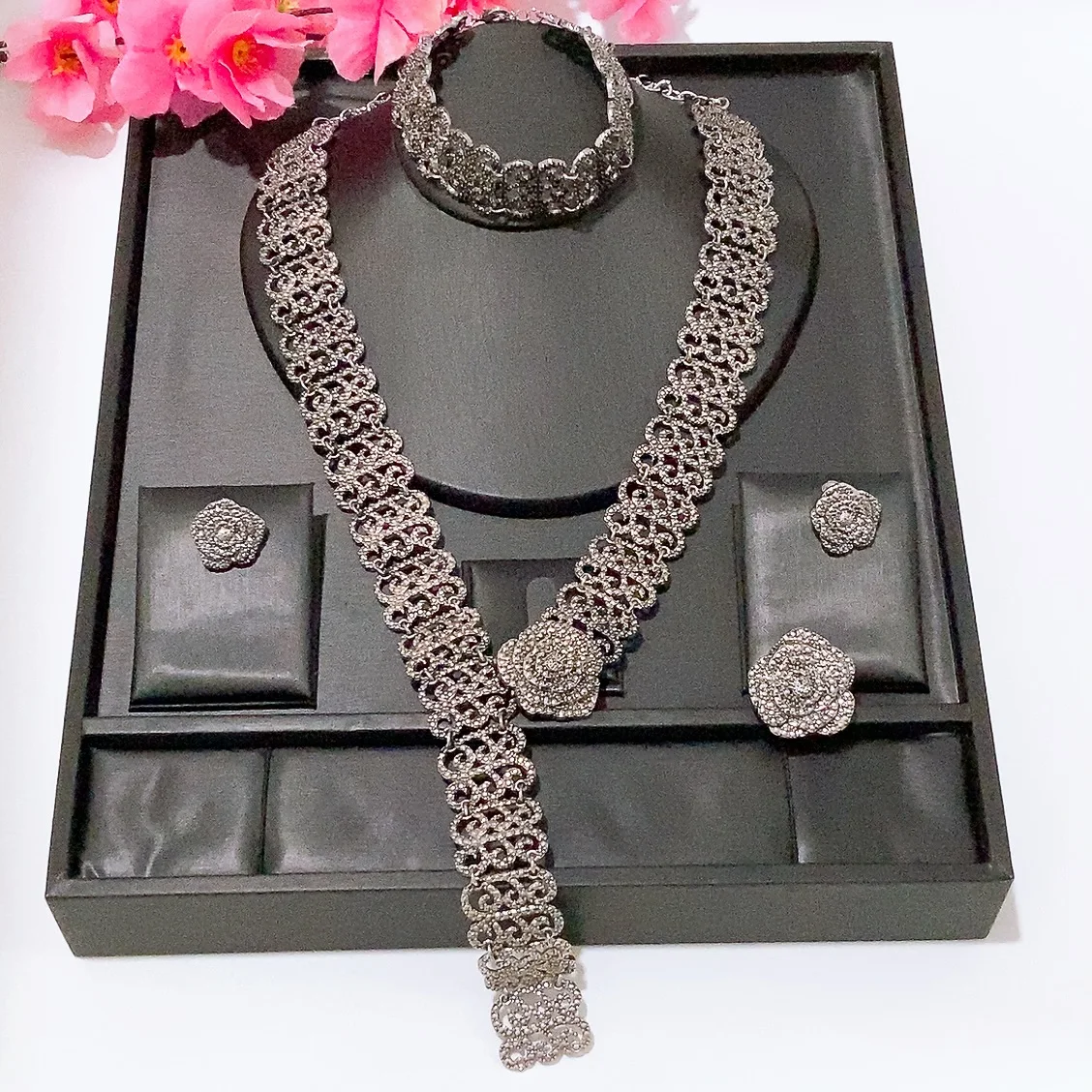 Vintage Marcasite Floral Statement Jewelry Set 4Pcs for Women Antique Silver Tone Long Necklace Bracelet Earrings Ring Evening
