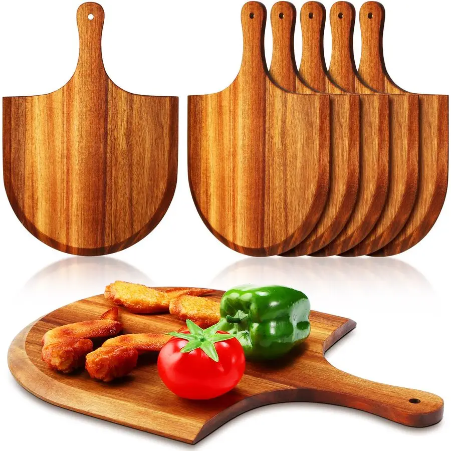 

6 Pcs Acacia Wood Pizza Peel with Handles 12 Inch Wooden Spatula Paddle Round Pizza Cutting Board Cheese Serving Tray for Meat B