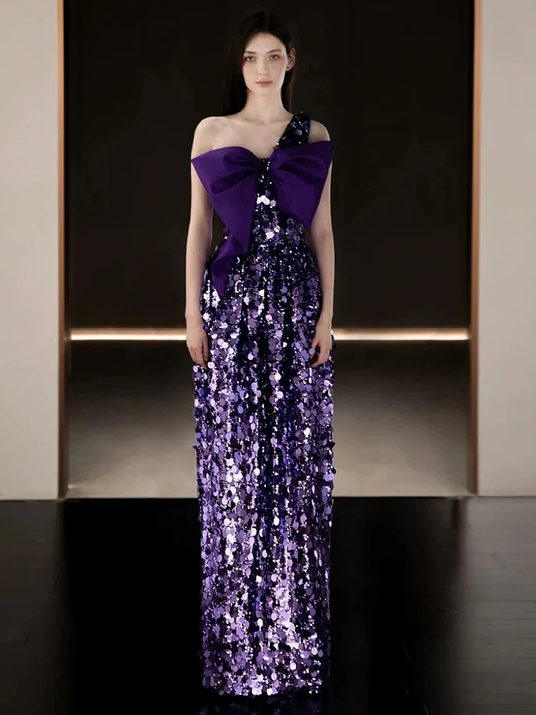 Slim Evening Dresses Purple Sequins One Shoulder Glitter Sequins Bow A-line Formal Occasion Graduation Ball Celebrity Gowns