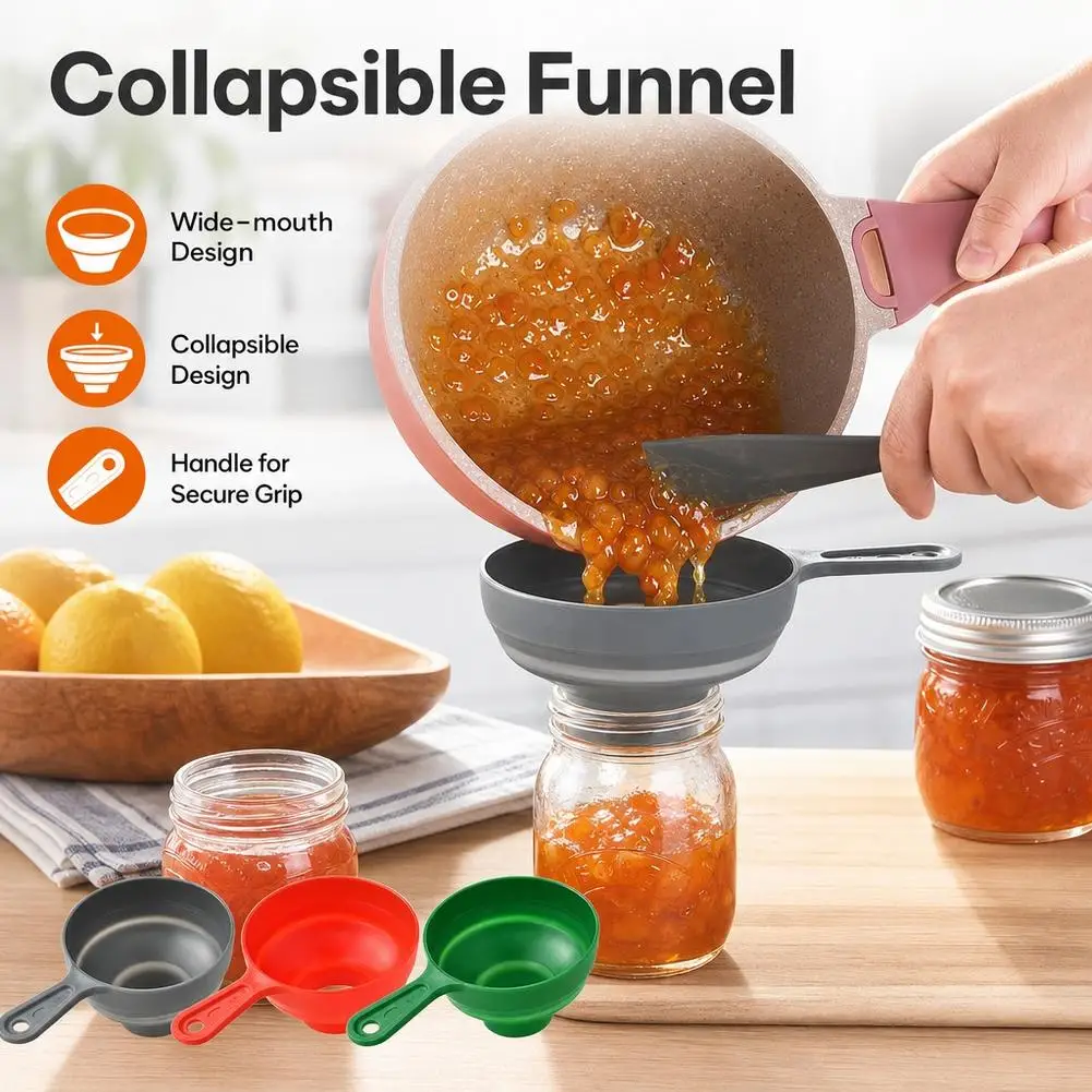 Collapsible Funnel Wide Mouth Silicone Canning Mason Jar Liquid Oil Jam Dispenser Long Handle Foldable Kitchen Gadget Tools