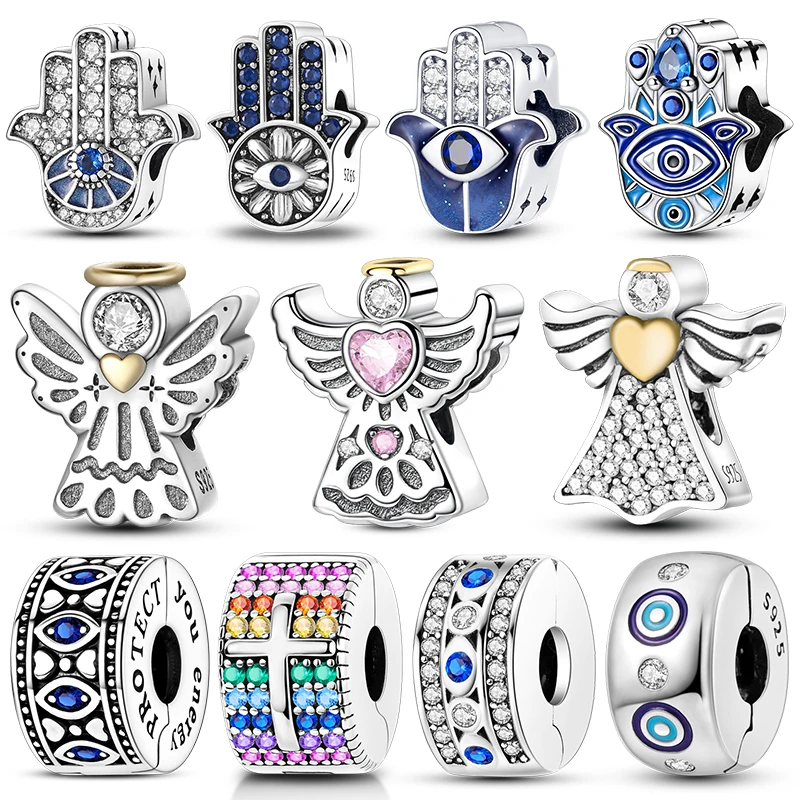 Hamsa Hand Evil Eye Angel Charm Bead Protection Charms Fits 3mm Bracelet Necklace For Women Luxury 925 Silver DIY Jewelry Making
