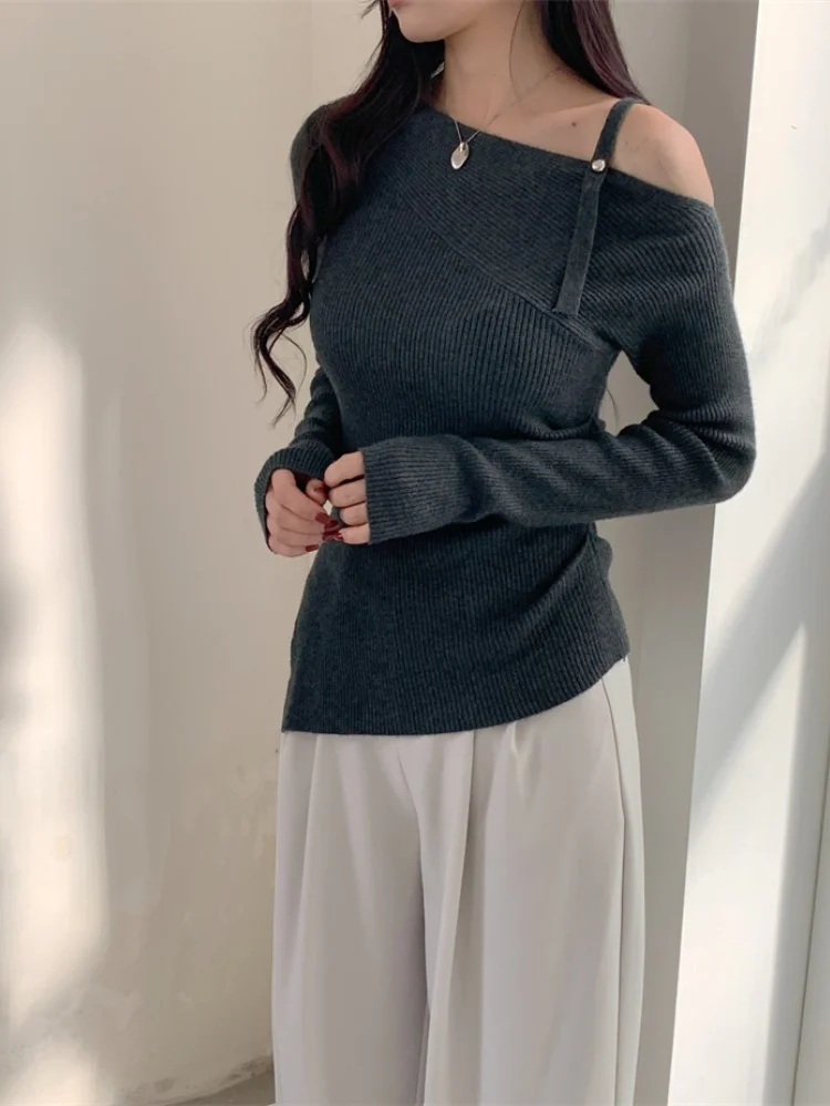 SMTHMA New Autumn Winter Korean Temperament Sexy Slanted Shoulder Asymmetric Knitted Top Women's Long Sleeve Pullover Sweater