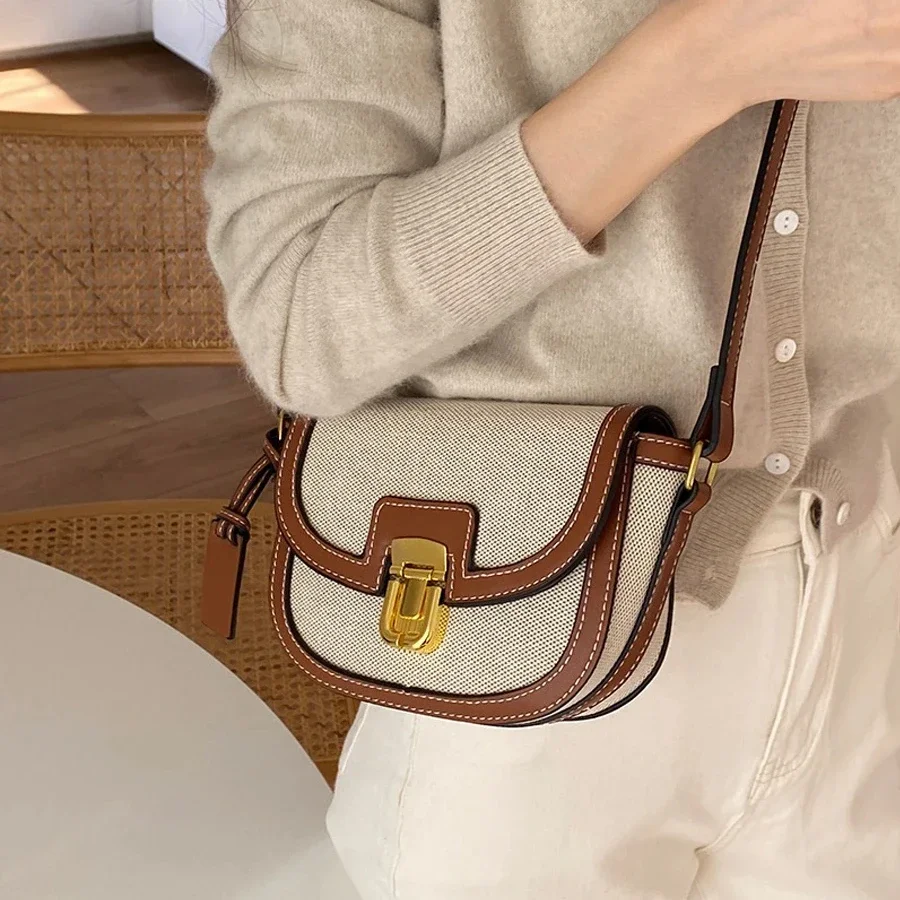 2024 New Small Contrast Color Panel Canvas Retro Shoulder Crossbody Saddle Bag Luxury Designer Retro Wallet Wallet Women